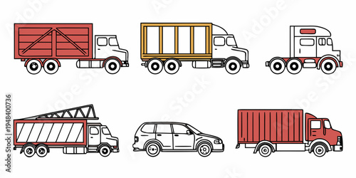 a group of different trucks and a car are shown Vector