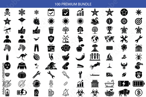 Collection of 100 premium vector icons: technology, nature, business, lifestyle and more
