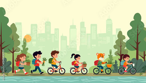 This vibrant illustration depicts children actively planting trees, conveying a sense of hope and environmental responsibility. Perfect for educationa