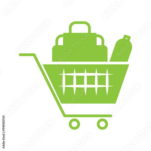  Line icon of shopping cart filled with groceries and products representing retail shopping, supermarket purchase, and ecommerce grocery delivery.