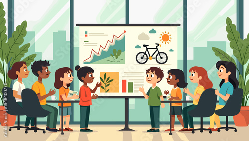This cheerful illustration depicts a productive team meeting, conveying positivity and teamwork. Ideal for use in business presentations, website grap