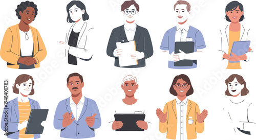 A diverse group of people in a modern office setting using laptops and tablets.