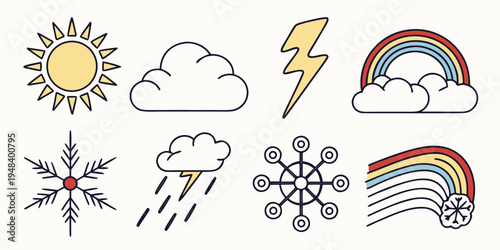 a set of weather icons including sun cloud lightning and snowflake Vector