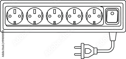 A detailed illustration of a power strip with five socket outlets and a plug