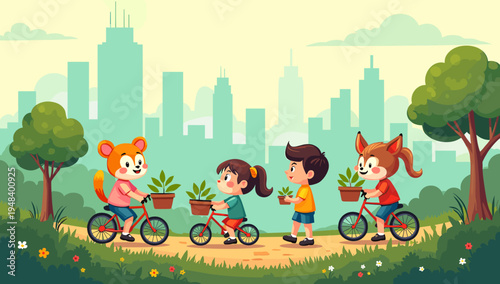 A cheerful illustration depicting a fox joyfully riding a bicycle through a lush green park. Perfect for children's content, educational materials, or