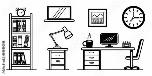 a desk with office supplies and furniture Vector