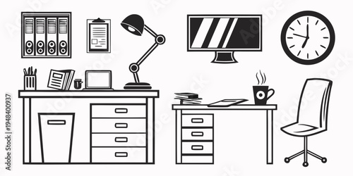 office workspace with desk, chair, and computer Vector