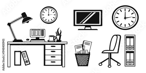 a desk with office supplies and furniture Vector