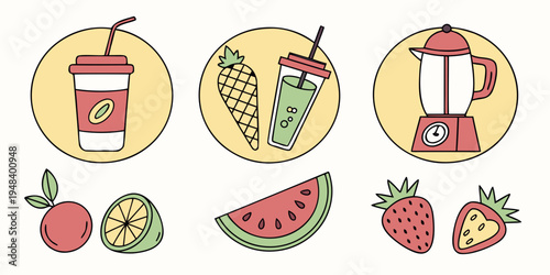 a set of fruit smoothies and their ingredients Vector