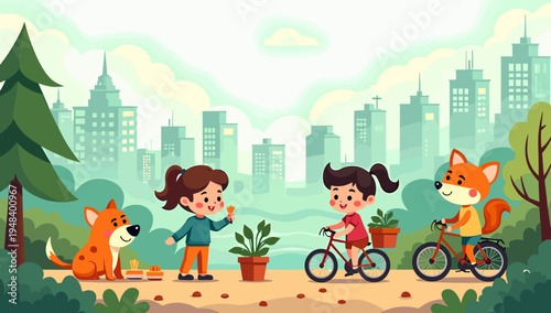 A charming illustration of a fox in a park setting with a city skyline in the background. Perfect for conveying themes of nature adapting to urban lif