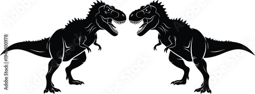 Black silhouette vector illustration of two symmetrical Tyrannosaurus rex dinosaurs facing each other, symbolizing prehistoric life, wildlife, symmetry, and decorative design themes