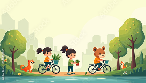 A charming illustration depicting a cheerful fox in a tranquil park setting. Ideal for children's content, storybooks, or conveying themes of nature a