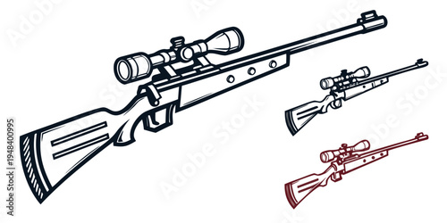 a rifle with a scope and two smaller guns Vector