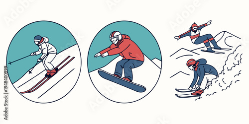skier in different poses on snow Vector