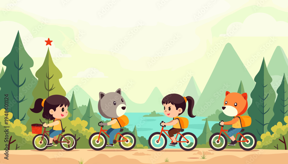 Naklejka premium A cheerful illustration of a young girl enjoying a bike ride through a lush, green park. Perfect for content related to childhood, healthy lifestyles,