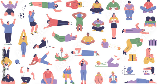 Large set of diverse people vector illustrations featuring men and women in various sitting lying and active poses for lifestyle design.