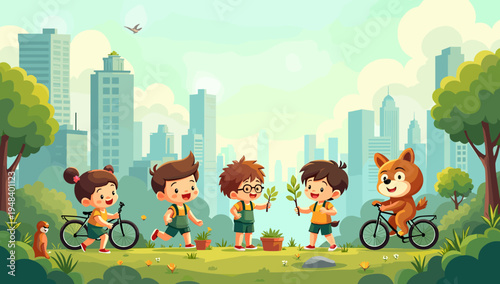 A cheerful illustration depicting a girl walking with her bicycle alongside a sloth in a park. Ideal for children's content, eco-friendly messaging, o