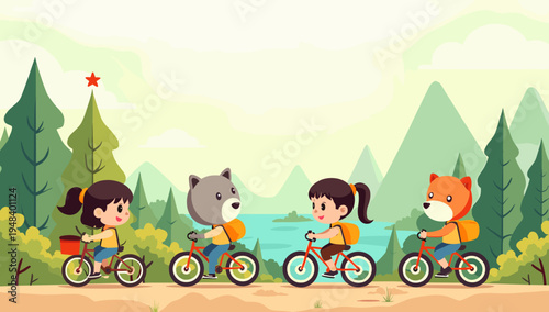 A cheerful illustration of a young girl enjoying a bike ride through a lush, green park. Perfect for content related to childhood, healthy lifestyles,