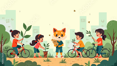 A cheerful illustration of a young girl enjoying a bike ride in a vibrant natural setting, ideal for illustrating childhood, leisure activities, or he