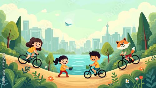 A cheerful illustration of a young girl enjoying a bike ride through a lush green park. Perfect for conveying themes of childhood, outdoor activity, a
