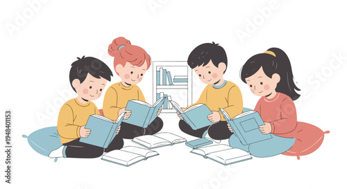 Four children (two boys, two girls) are happily engrossed in reading books while sitting on cushions, with more books scattered and a small bookshelf in the background.