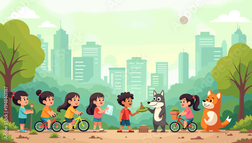 A cheerful illustration of two young girls enjoying a sunny day in the park. Perfect for representing childhood, outdoor activities, or healthy lifest