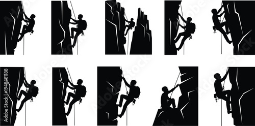 Black silhouette vector illustration of ten rock climbers ascending cliffs in dynamic poses with ropes and backpacks, symbolizing adventure, sport, motion, and outdoor recreation themes