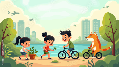 A cheerful illustration of a young girl walking with a stick in a park setting. Perfect for representing childhood, outdoor activities, or positive gr