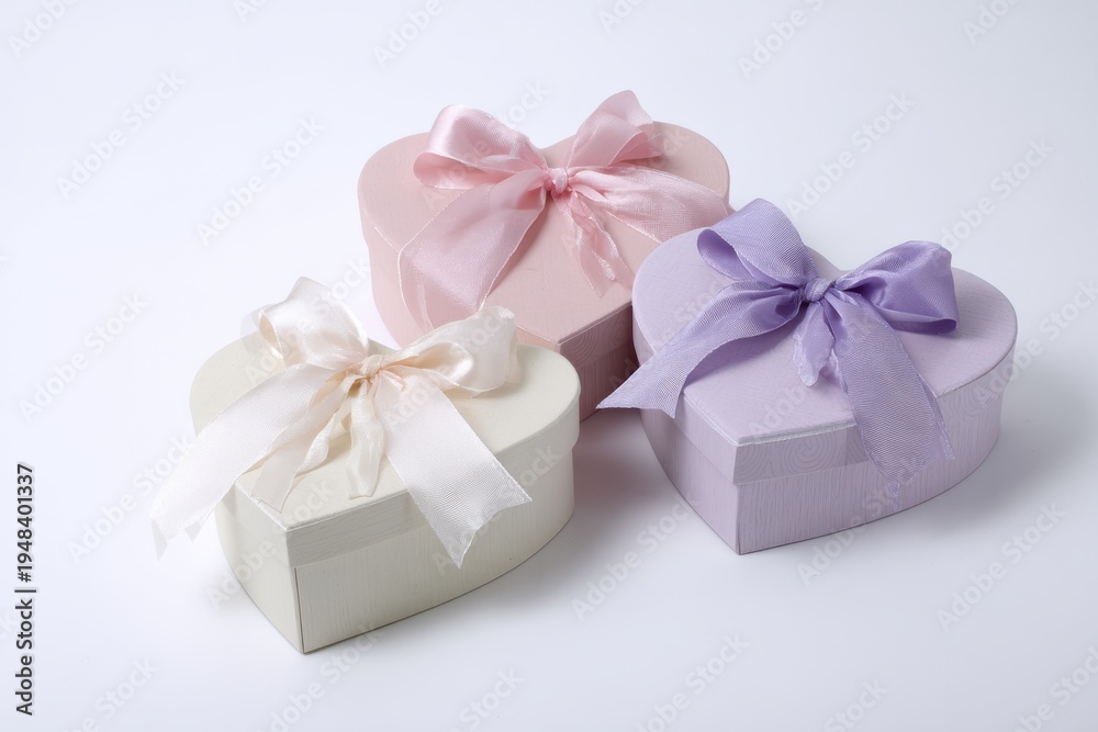 Fototapeta premium Romantic pastel flat lay featuring heart-shaped boxes in blush and lavender tones.