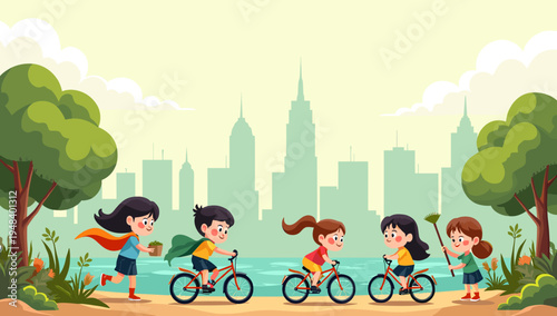 A cheerful illustration depicting a young girl with a cape running in a park. Ideal for concepts of empowerment, childhood dreams, or wellness campaig