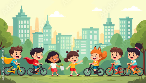 This cheerful illustration depicts children pretending to be superheroes while riding bicycles. Perfect for conveying themes of imagination, childhood