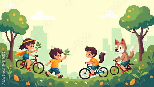 A cheerful illustration of a young girl cycling through a park, evoking feelings of freedom and joy. Ideal for illustrating children's activities, hea
