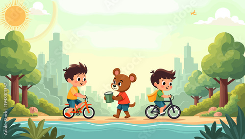 A peaceful park illustration with a city backdrop evokes a sense of calm and tranquility, ideal for representing urban oases or promoting wellness con