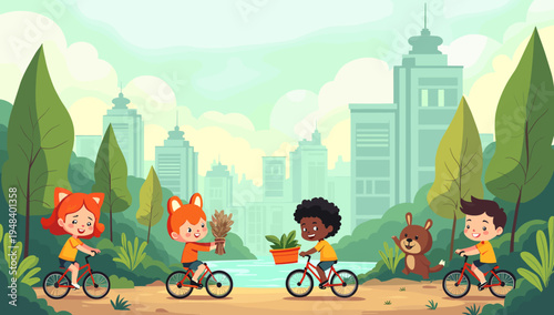 A cheerful illustration of a young girl cycling through a park. Perfect for conveying themes of childhood joy, active lifestyles, and outdoor adventur