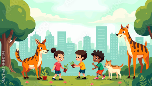 A whimsical illustration depicts a tiger curiously observing a cityscape.  Ideal for concepts of wildlife adapting to modernization, or representing s