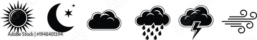 weather icons including sun, moon, clouds, rain, lightning, and wind  sun, moon, cloud, rain, lightning, wind, forecast