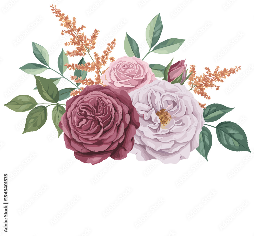 Fototapeta premium Dusty rose and lavender roses with green leaves and astilbe