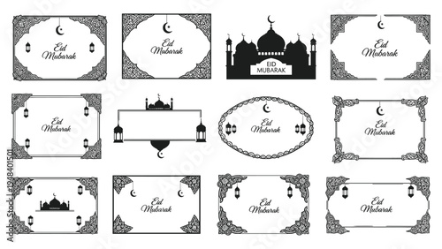 Islamic eid mubarak greeting card frames with traditional ornaments setIslamic eid mubarak greeting card frames with traditional ornaments set