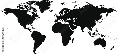 Black-and-white vector illustration of simplified world map silhouette showing continents and landmasses, symbolizing geography, global design, education, and travel themes