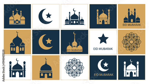 Islamic greeting cards set with mosque moon and mandala in grid layoutIslamic greeting cards set with mosque moon and mandala in grid layout