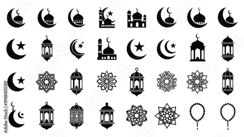 Islamic icons mega set with mosque crescent moon lantern and prayer beadsIslamic icons mega set with mosque crescent moon lantern and prayer beads