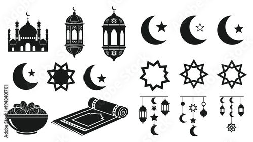 Ramadan kareem icons collection with mosque lantern dates and prayer matRamadan kareem icons collection with mosque lantern dates and prayer mat