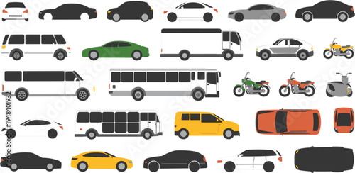 Large set of various vehicle vector illustrations including cars buses trucks and motorcycles in side and top view for urban transport design.
