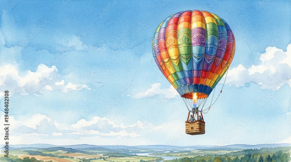Fototapeta premium Vibrant watercolor illustration of a colorful hot air balloon soaring high in a bright blue sky with fluffy white clouds over a scenic green landscape, perfect for travel and adventure themes.