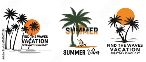 Tropical summer scene with palm trees a vibrant sun and text promoting vacation vibes