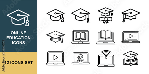Online education laptop graduation cap learning line icon set