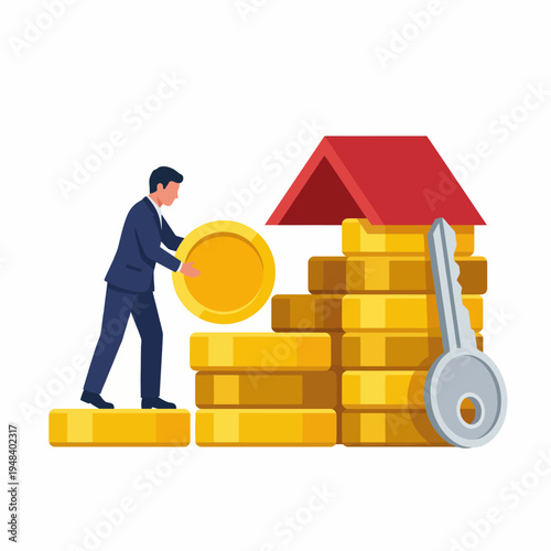 The illustration depicts a businessman investing coins into a stack of gold, symbolizing the relationship between real estate and financial stability, emphasizing wealth growth.