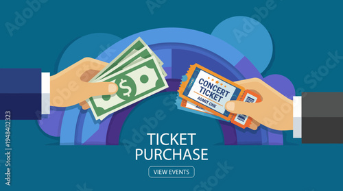 A vibrant illustration showing two hands exchanging cash for concert tickets, symbolizing the excitement and thrills of attending live musical events.