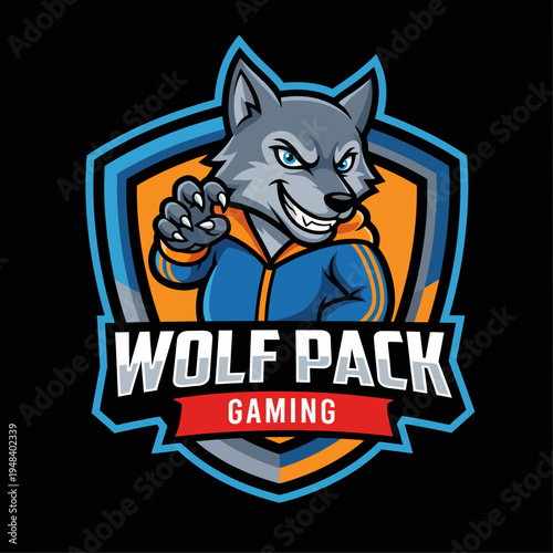 An engaging gaming logo featuring a fierce wolf character in a hoodie, symbolizing strength and teamwork in the gaming community, designed to attract enthusiasts.