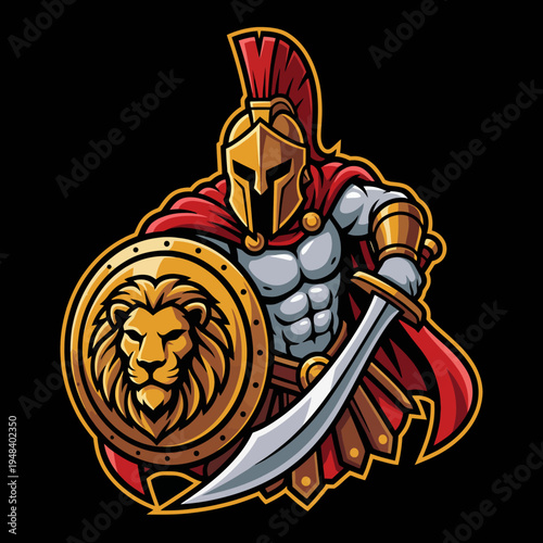 This powerful image features a Spartan warrior in armor, wielding a sword and shield adorned with a lion, symbolizing strength, courage, and honor.